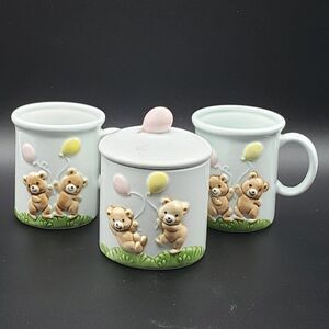 Norcrest Japan Powder Blue 3D Teddy Bear Balloons Mugs & Lidded Trinket Jar Set